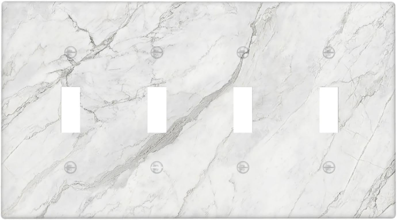 Light Switch Covers Marble Granite White And Grey Quad Toggle 4 Gang Wall Plate Electrical Faceplate Decorative Switch Plates for Home Bedroom Decor