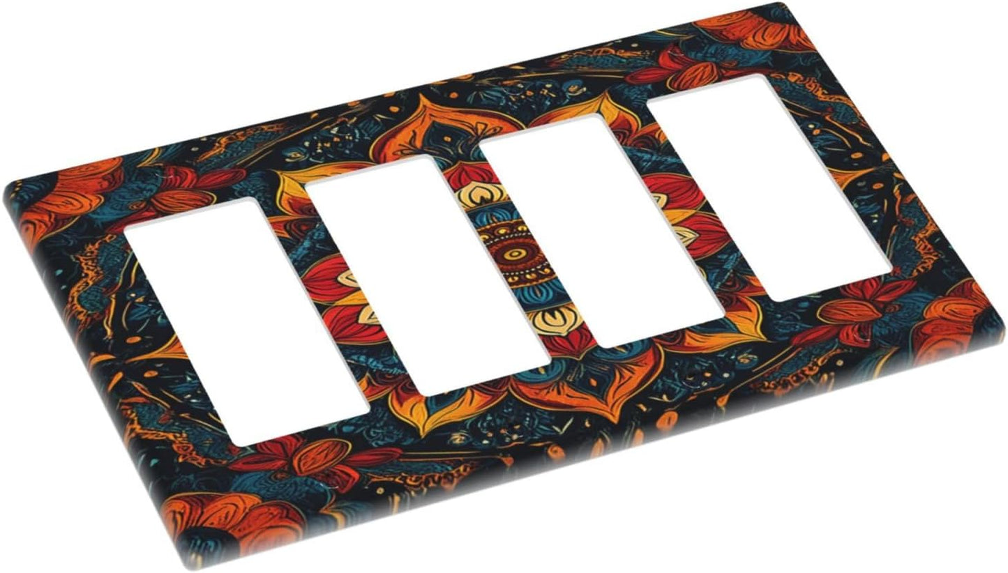 Boho Colorful Mandala 4 Gang Wall Plates Outlet Covers Quad Rocker Light Switch Cover Plate Decorative Switch Plates GFCI Electrical Faceplate for Bathroom Bedroom Decor 4.5 X 8 IN