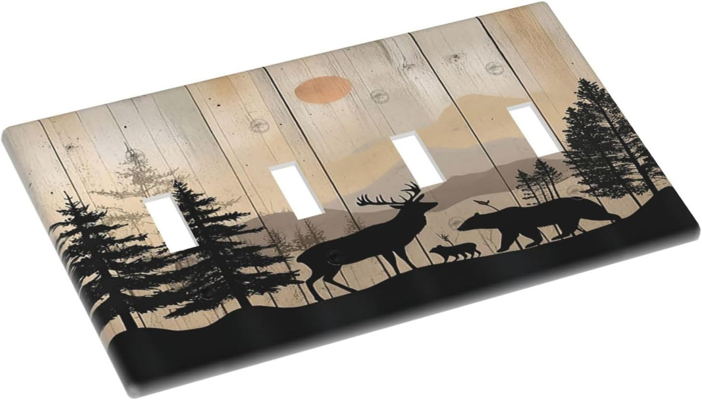 Light Switch Covers Wood Board Wildlife Cute Bear Deer Forest Rustic Quad Toggle Electrical Faceplate 4 Gang Wall Plate Decorative Switch Plates for Bathroom Farmhouse Decor