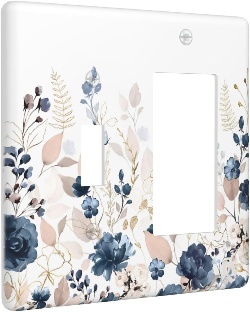 Blue Flora Boho Vintage Flower Golden Leaves Outlet Covers 1 Toggle 1 Rocker Combination Decorative Wall Plate Electrical Switch Plates Light Switch Cover Plate for Bedroom Living Room Decor
