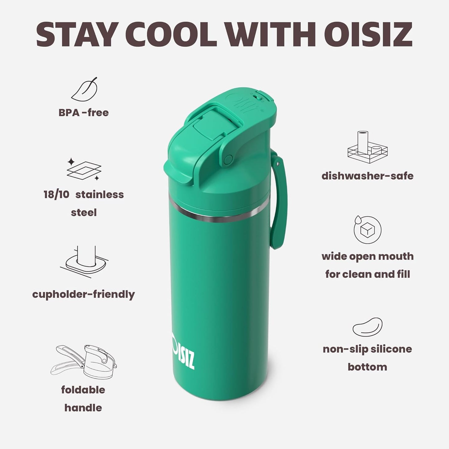 OISIZ Insulated Water Bottle 20 oz with 2 in 1 Spout and Straw Lid,One Click Safety Lock,100% Leakproof,Keep Cold 24H,Vacuum Stainless Steel Water Bottle for School,Travel and Sports,Dishwasher Safe