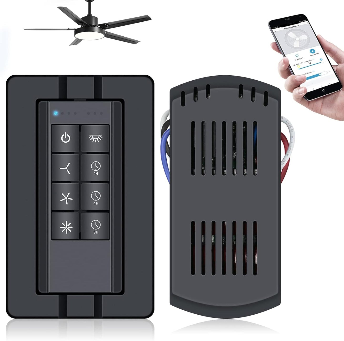 Universal Smart WiFi Ceiling Fan Remote Control Kit, Ceiling Fan Control and Dimmer Light Switch, Compatible with Alexa, Google Assistant and Smart Life App, 3 Speed, Timing, Remote Control