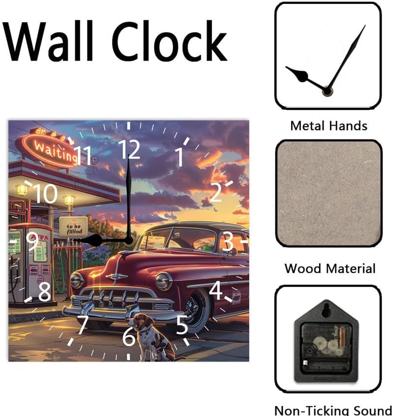 10 in Old Fashioned Gas Station Car -294 Wood Wall Clock – Digital Time Display, Smart Home Compatible for Bedside or Workspace