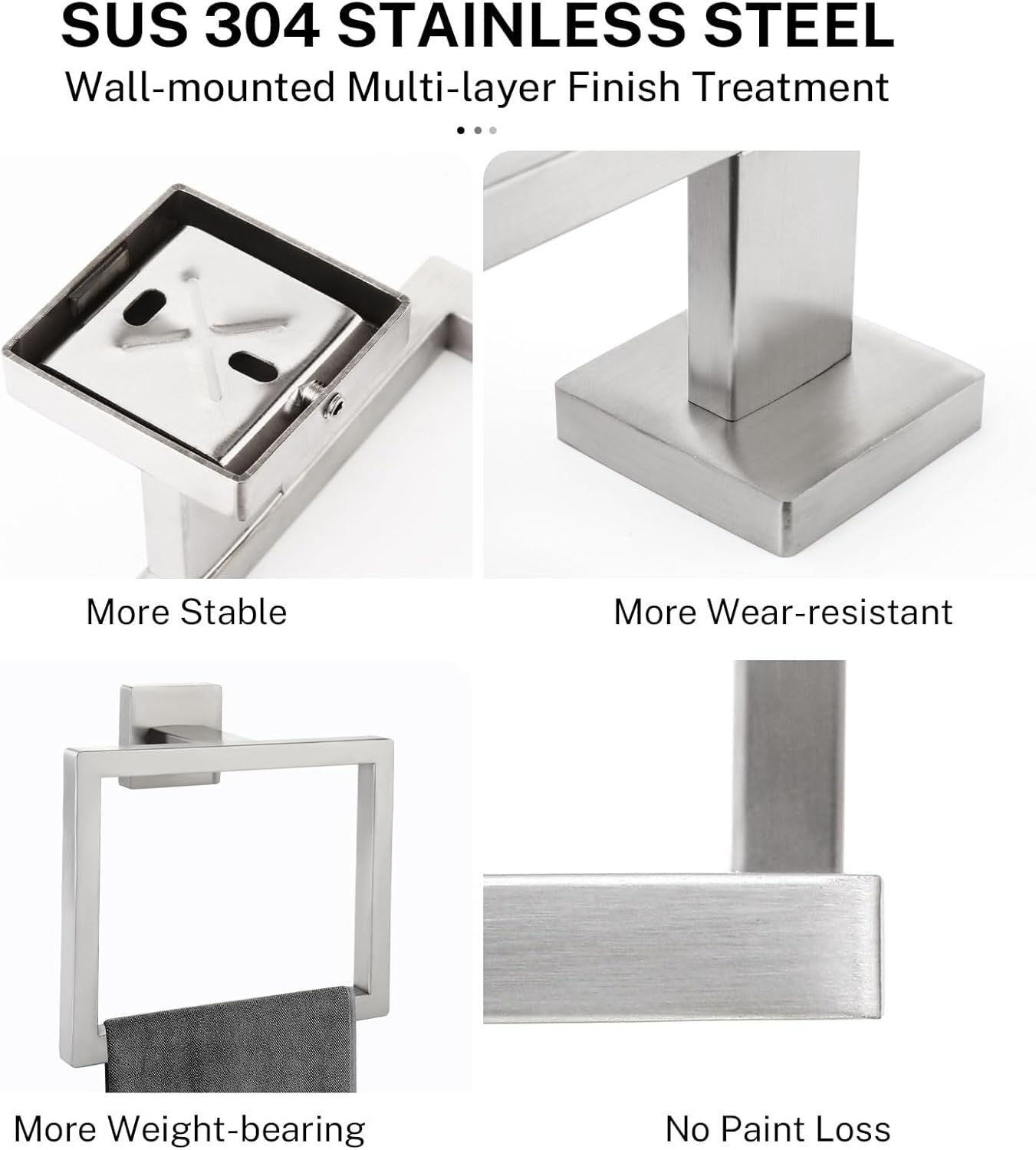 2-Piece Brushed Nickel Square Towel Ring,Modern Hand Towel Holder for Bathroom,Stainless Steel Towel Hangers Wall-Mounted Towel Rack