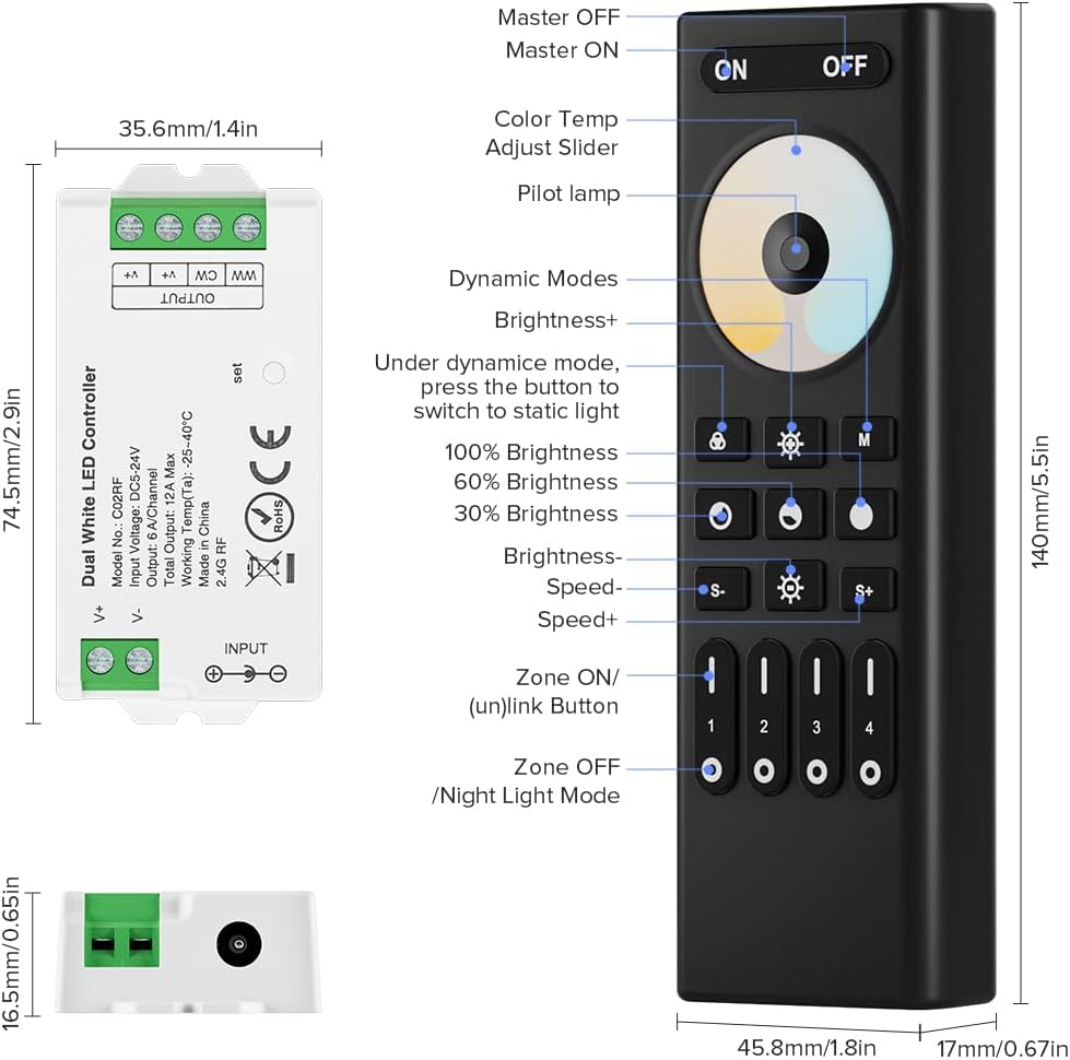 BTF-LIGHTING RF 2.4GHz Wireless Remote RC02RFB & C02RF Tuya Controller Kit 4 Zones Group Control 5050SMD FCOB COB SMD PWM CCT(+ CW WW) 3pin Dual White LED Strip DC5V DC12V DC24V