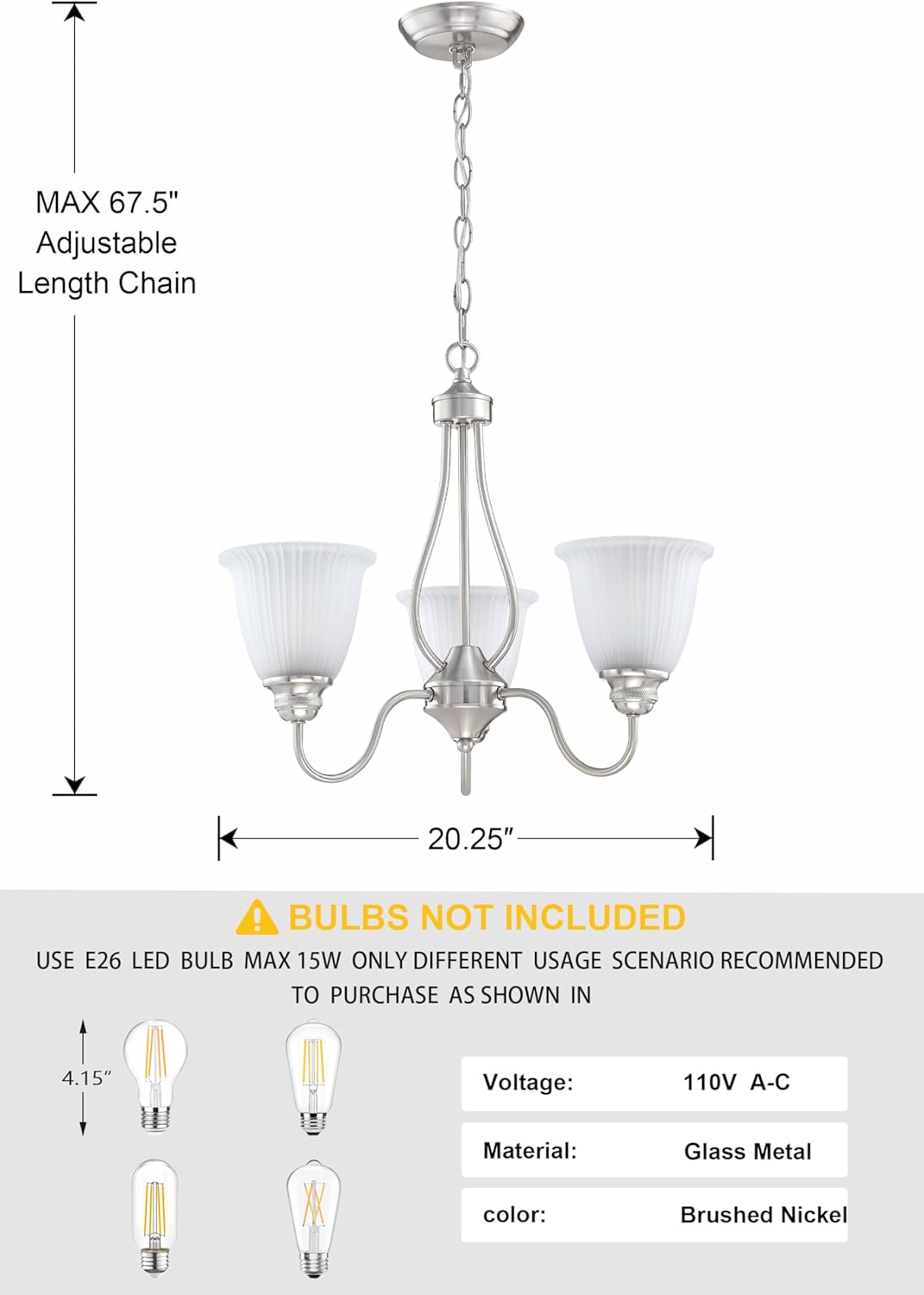 Doraimi Lighting 3 Light Chandelier Stripe Frosted Glass Shade Classic Style Ceiling Pendant Light Fixture Brushed Nickel Finish for Meeting Room Dining Room Over Table Living Room