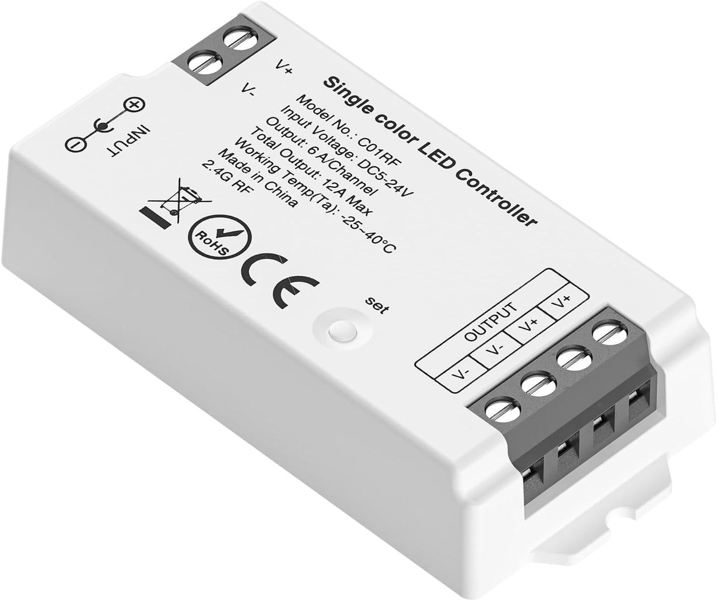 BTF-LIGHTING C01RF Tuya Controller Support PWM 5050SMD FCOB COB Single Color (+V -V) 2pin LED Strip Support with RC01RFB WR02RF Remote DC5V/DC12V/DC24V Max 12A Indoor Use Only(NO Remote NO Power)
