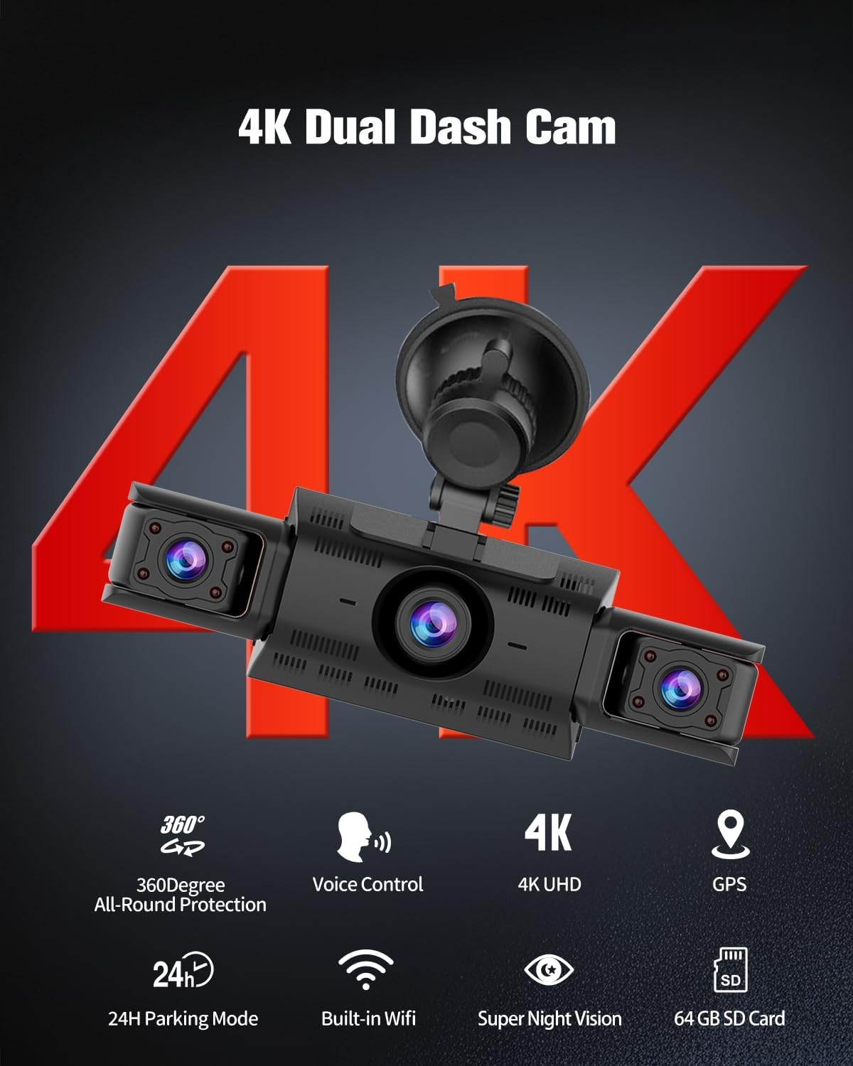 CATCATCH 4 Channel Dash Cam 360° View,4K Front and Rear Dash Camera for Cars,WDR Night Vision,Smart Voice Control,Built-in WiFi&GPS,G-Sensor,24H Parking Mode,Free 64GB SD Card,Suction Cup