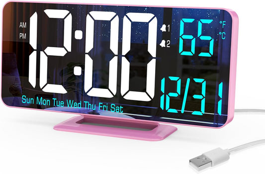 Pink Digital Clock for Bedroom 6.7in Dual Alarm Clock with Dimming, 12/24h, Seconds, Date, Day of Week, Temp, Desk Clock, LED Clock for Table Decor, Digital Calendar Table Clocks for Bedrooms KOSUMOSU