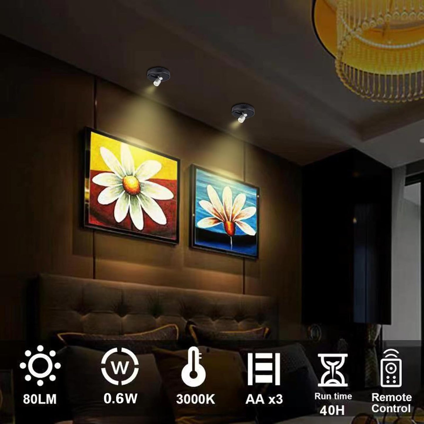 LED Spotlight, Battery Powered Picture Lights, Uplighting Indoor, Puck Lights with Remote, Stick Spot Light for Wall Display Dartboard Painting Artwork Accent-Silver