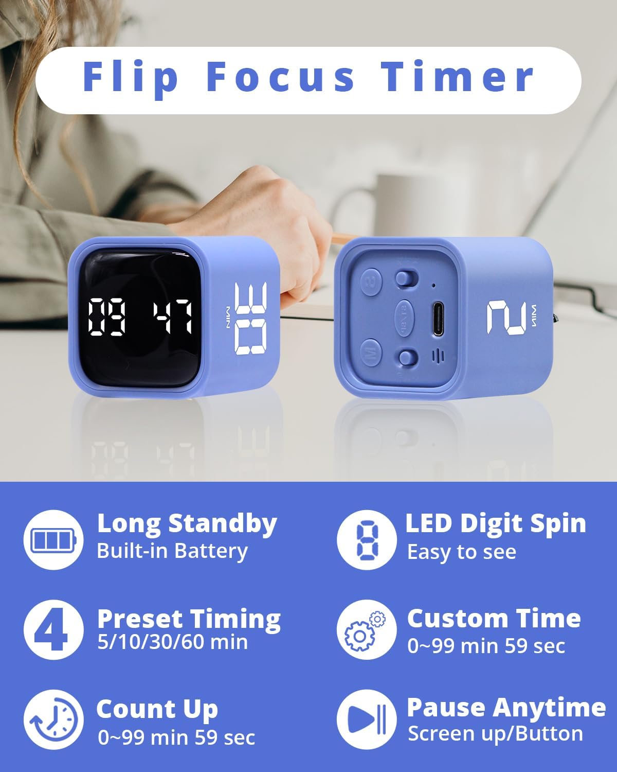 Productivity Timer Flip Gravity Sensor Cube Timer Countdown & Countup,Mute & Vibrate & Sound，5/10/30/60min & Custom Timing, Perfect for ADHD,Work,Learning,Kitchen Cooking (1Blue)