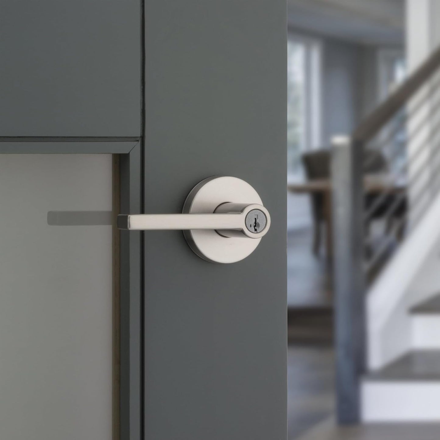 Kwikset Halifax Entry Door Handle with Lock and Key, Secure Round Keyed Reversible Lever Exterior, for Front Entrance and Bedrooms,Satin Nickel, Pick Resistant Smartkey Rekey Security and Microban