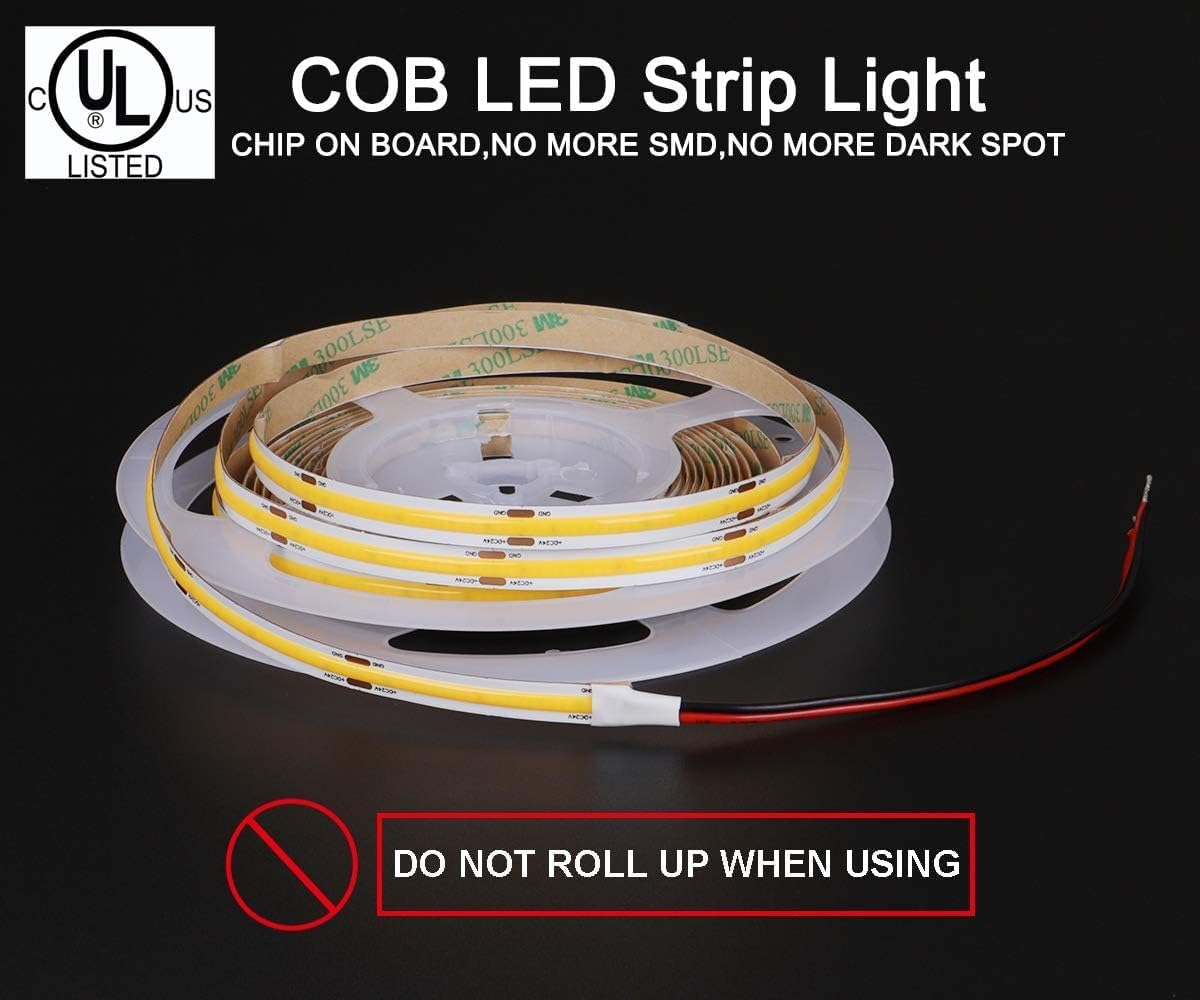 dephen UL-Listed COB LED Strip 16.4ft, Warm White Rope Lights 528LEDs/M, DC24V 5500Lm Flexiable and Cuttable Tape Lingting for Bedroom, Cabinet, Kitchen, Office, DIY