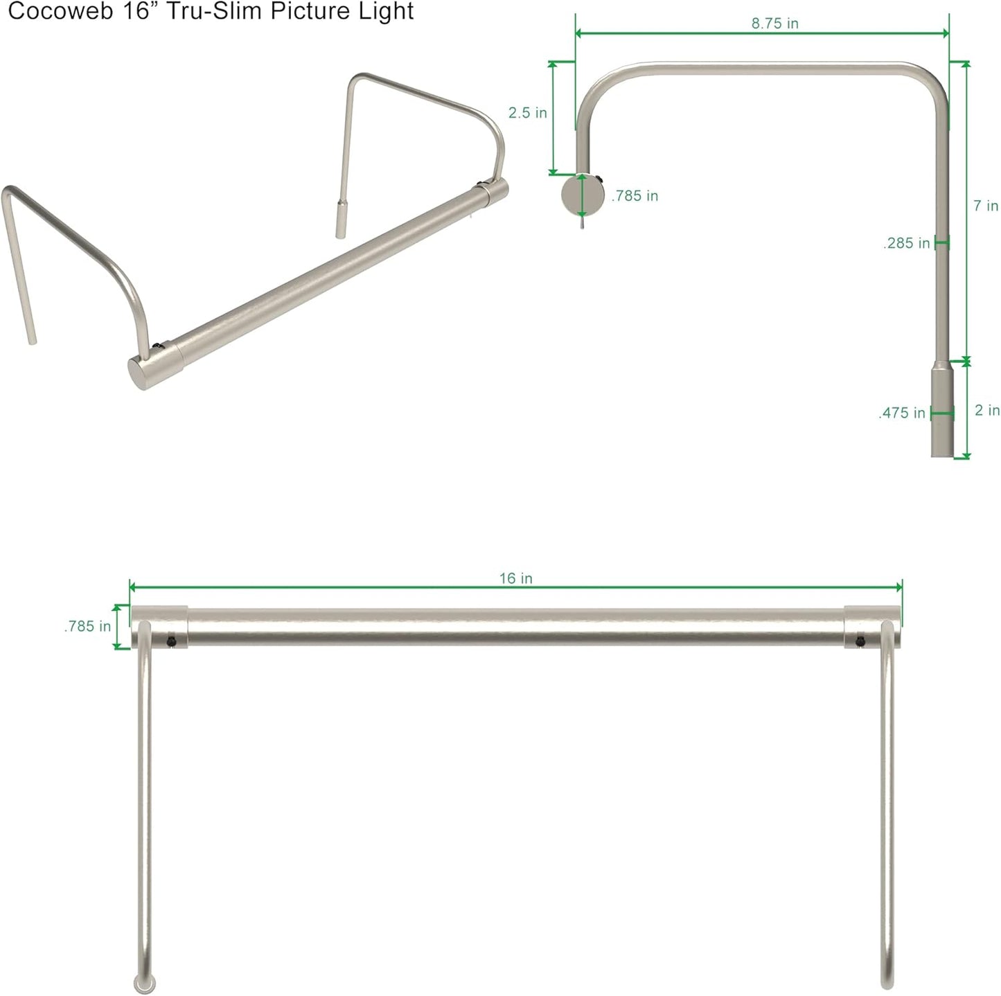 Cocoweb 16 Inch Tru-Slim Satin Nickel Picture Light - LED, 2700K, Adjustable Arm, Plug-in, Toggle Switch, Sleek and Compact Design