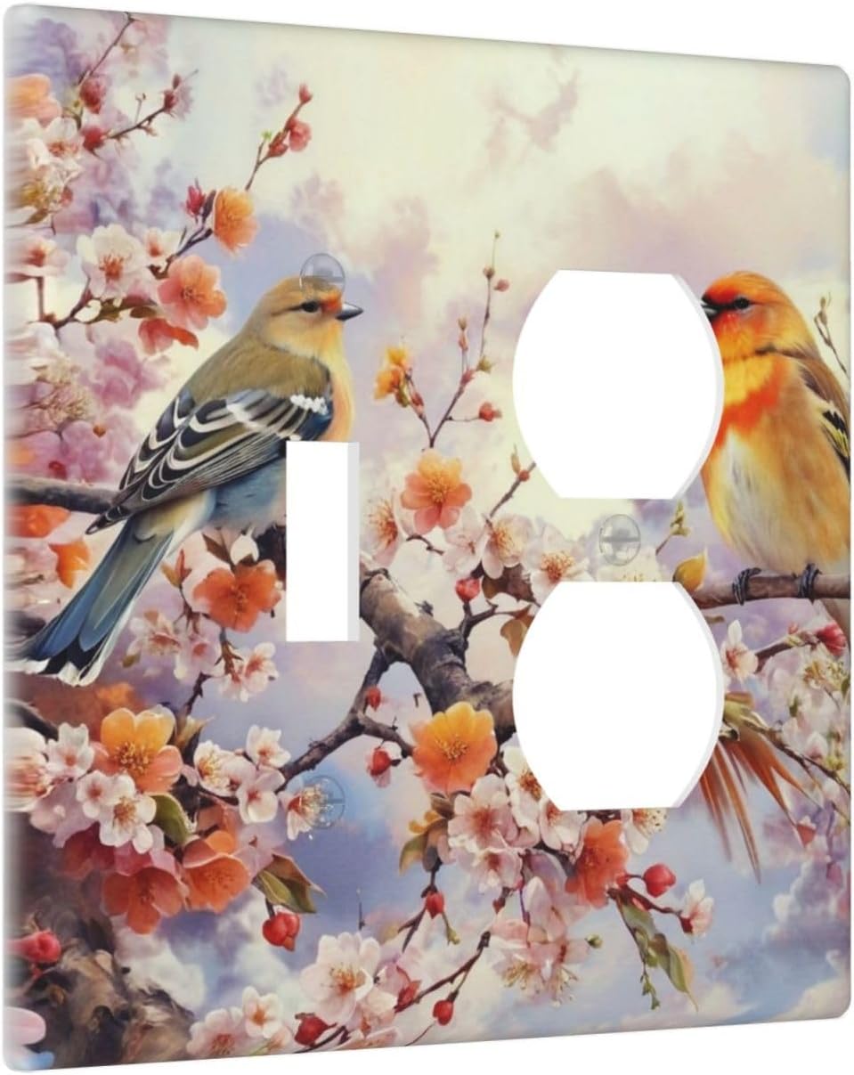 Decorative Outlet Covers Birds Sitting on Tree Branch Pink Flower 2 Gang Wall Plate Single Toggle Duplex Light Switch Cover Switch Plate Covers Faceplate for Bedroom Home Decor