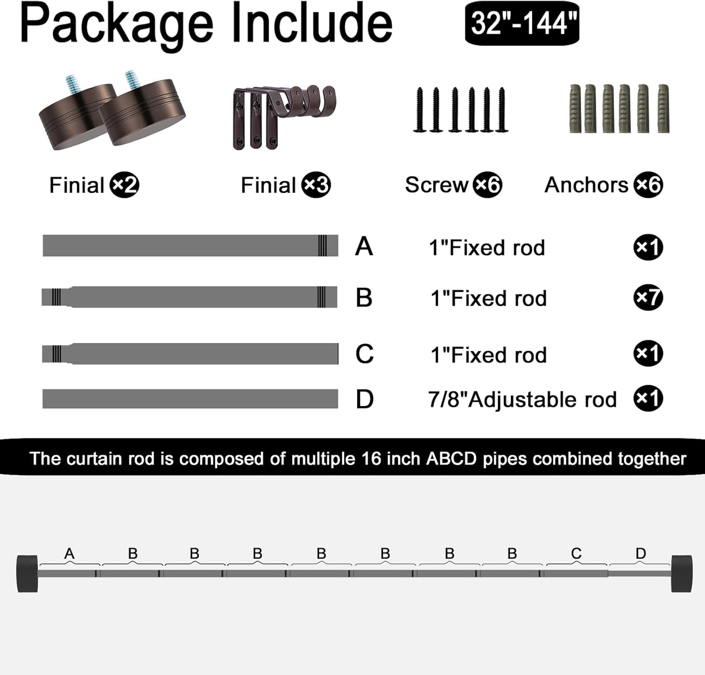 Adjustable Curtain Rods-18 to 144 Inches,1 Inch Modern Metal Drapery Rods, Adjustable Heavy Duty Curtain Pole with Simple End Caps