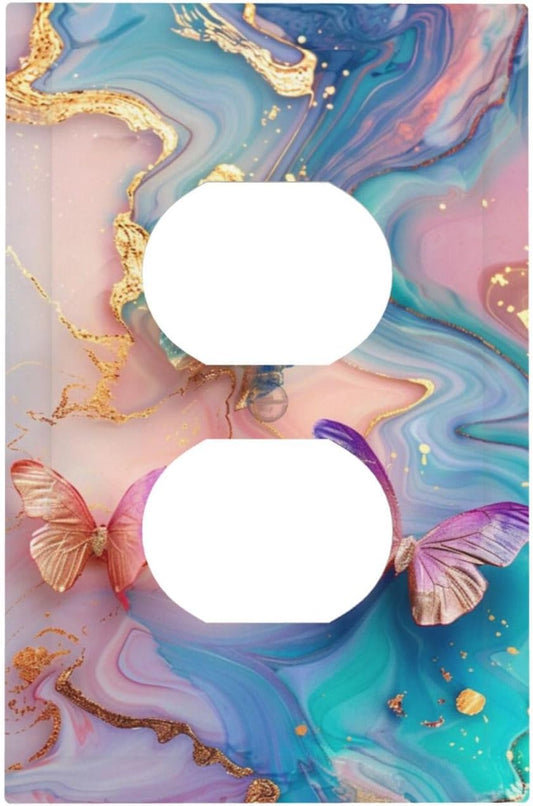 Colorful Marble Butterfly Gold Glitter Abstract Print Outlet Covers 1 Gang Duplex Light Switch Cover Decorative Switch Plates Electrical Receptacle Faceplate Wall Plate for Bed Room Living Room Decor