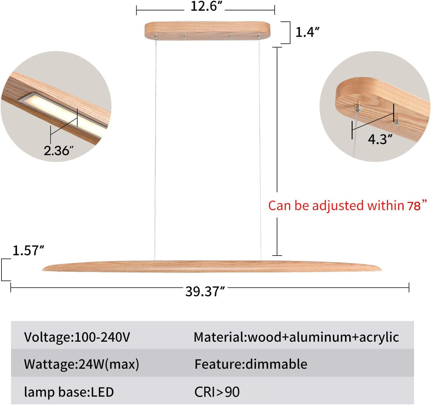 39" 24W Wood LED Linear Pendant Light Fixture Led Dining Room Light Dimmable Hanging Light Fixture for Dining Room Kitchen Island Pool Table Lights Natural Wood Color