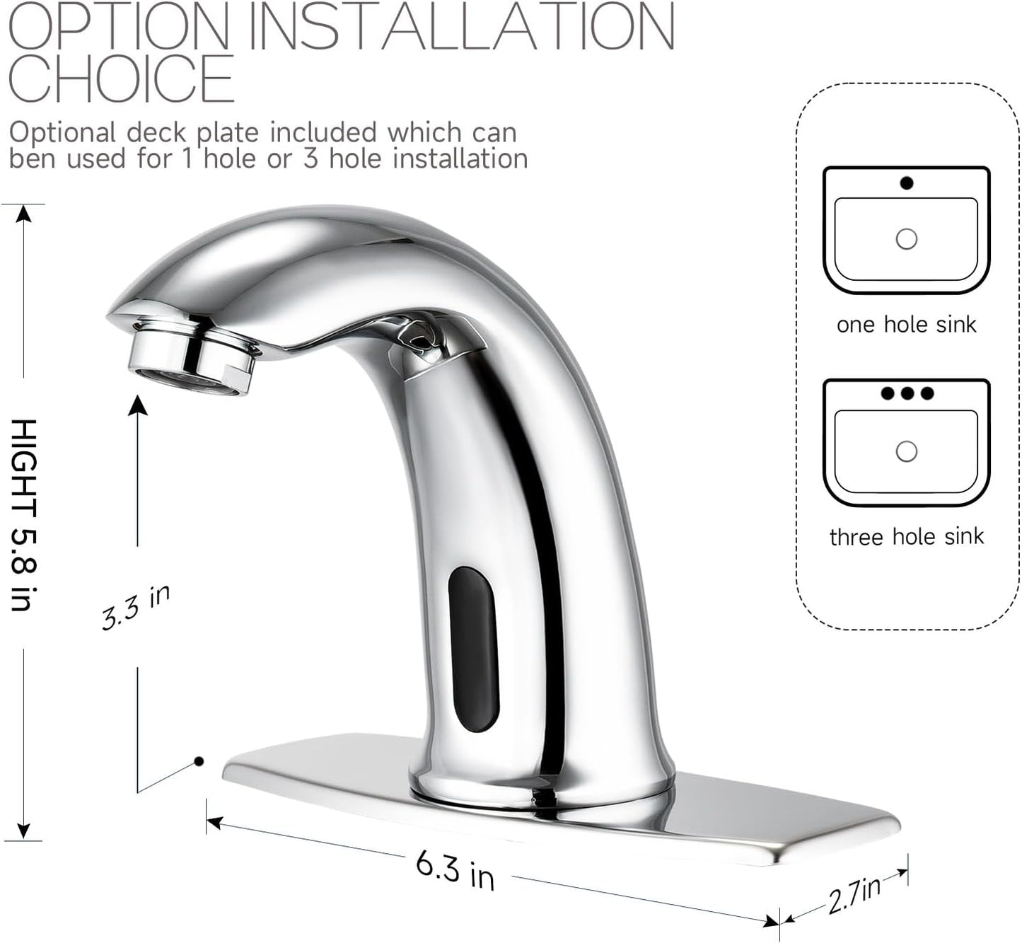 Touchless Bathroom Sink Faucet Automatic Motion Sensor Hands Free Faucet with Hole Cover Plate and Temperature Mixer,Commercial Solid Brass Faucet,AC/DC Powered,1 Hole or 3 Hole (Chrome)