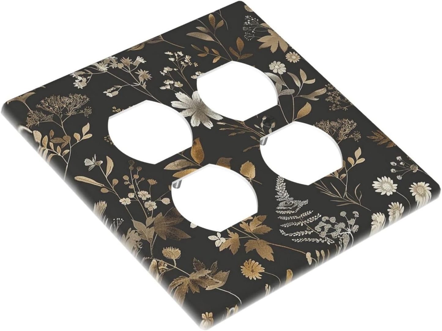 Outlet Covers Black Gold Floral Dark Leaves Vintage Flowers 2 Gang Double Duplex Decorative Light Switch Covers Electrical Wallplates Socket Faceplate for Bed Room Home Decor