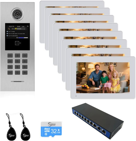 Video Intercom System 5/6/7/8 Unit Wired 7 Inch IP Video Intercom Phone for Apartment Building Security Home Access Control System with Digital Keypad and IC Card (for 8 Family)