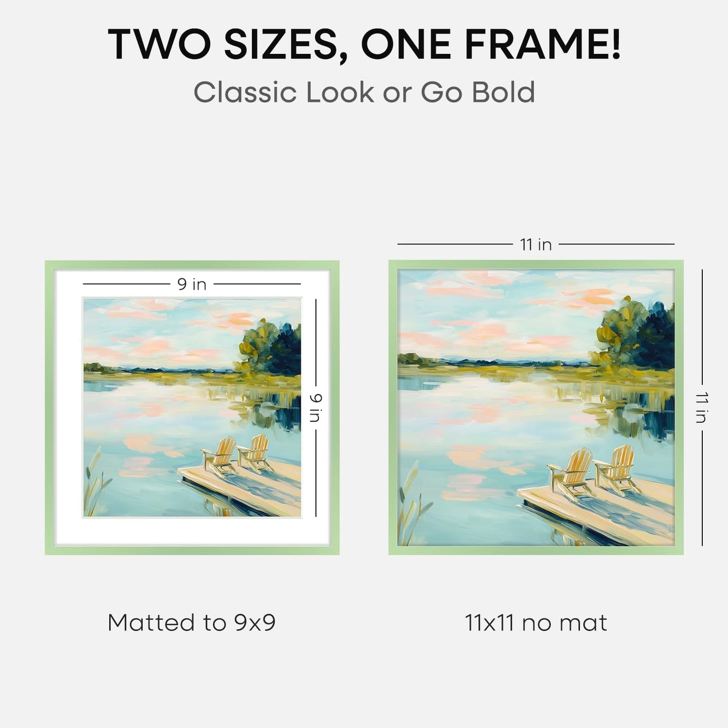 Homeforia 11x11 Sage Green Picture Frame, High End Metal 11 by 11 Square Frames with Mat 9 x 9 Photo, 11by11 Poster Frame Matted to 9x9 inch Art, Wall Hanging Frame, Tempered Glass, Wall Kit, Set of 1