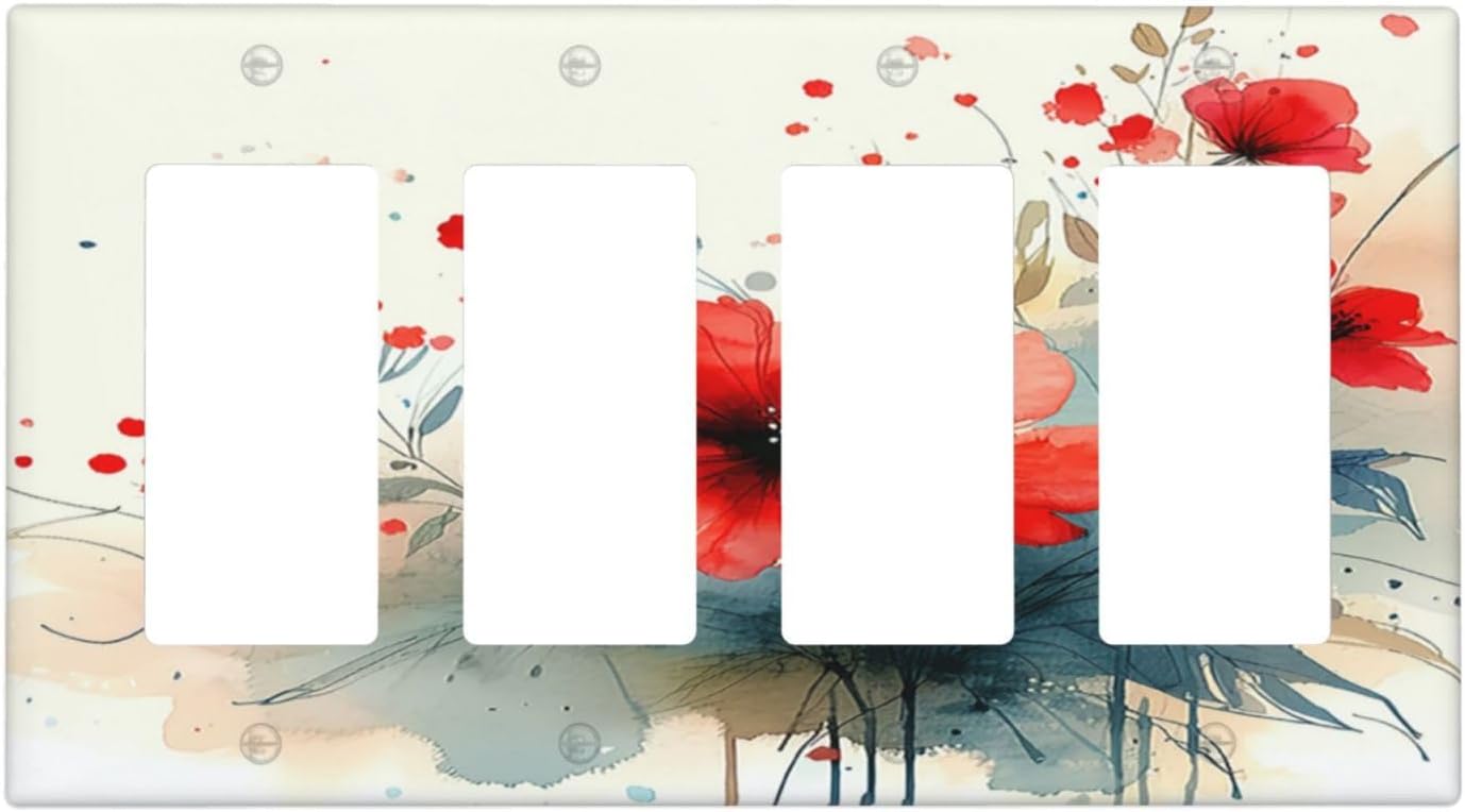 Vintage Floral Red Watercolor Modern Wallplates 4 Gang Quad Rocker Decorative Light Switch Covers Electrical GFCI Faceplate Switch Plate for Bedroom Bathroom Decor