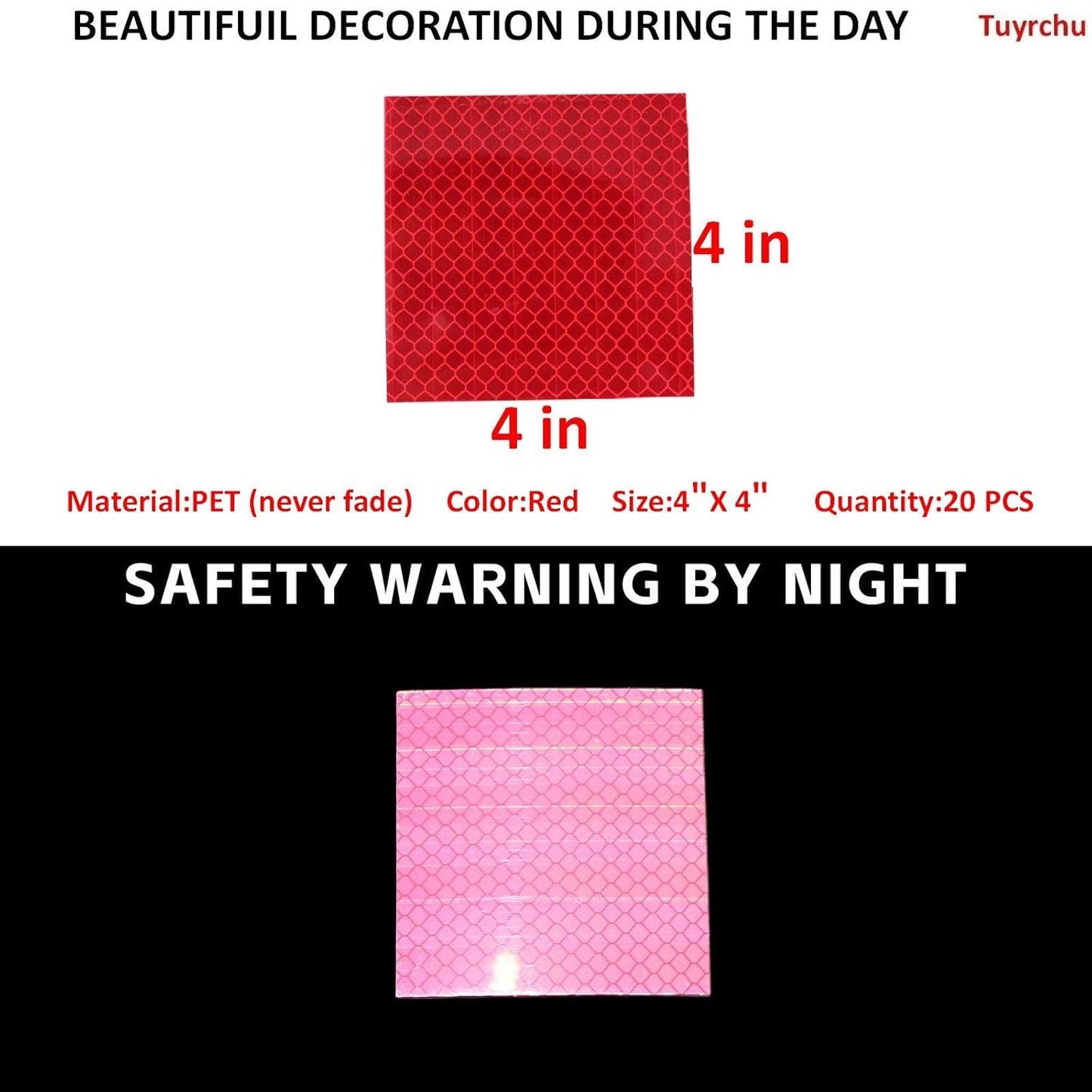 Non Fading Red Reflective Stickers 4 inch X 4 inch, Outdoor Waterproof High Visibility Warning Safety Adhesive Reflector Tape (20 Pcs)
