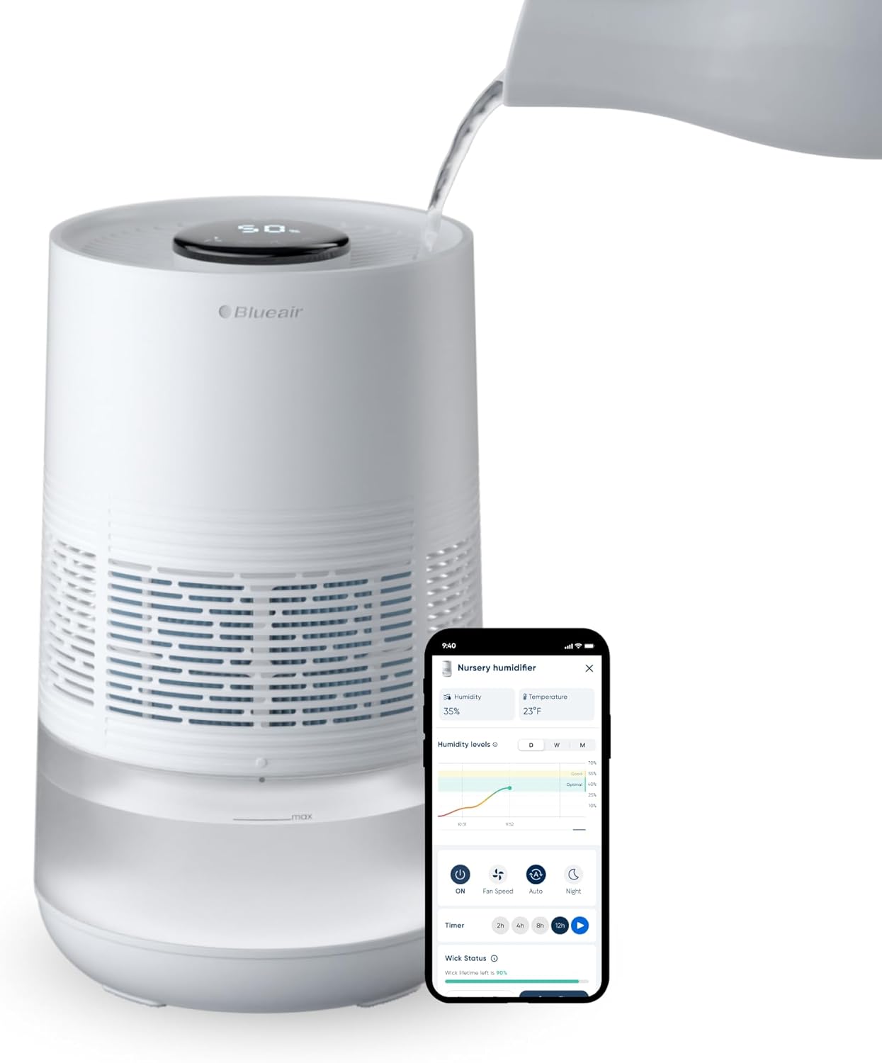 BLUEAIR Premium Smart Humidifier for Large Rooms, Bedrooms, Better Sleep with Evaporative Invisible Mist Tech, Auto Humidify, Easy Top Fill, Smart Control with App, Touchscreen, 3.5L Tank for 48 hours