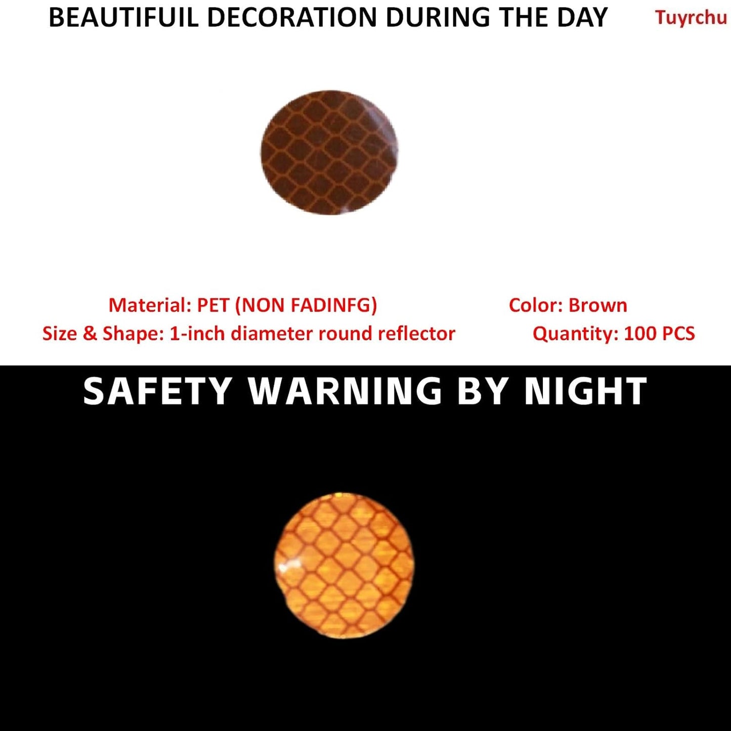 Non Fading Brown Reflective Stickers 1-inch Diameter Round Reflector, Outdoor Waterproof High Visibility Warning Adhesive Tape (100 Pcs)