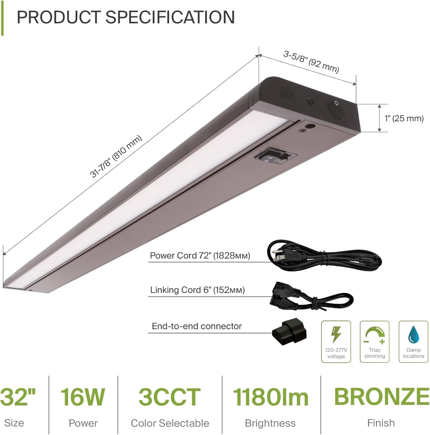 ASD Swivel LED Under Cabinet Lighting Bronze, 32 Inch 16W, Hardwired or Plug-in, 2700K/3000K/4000K, Hi/Low Switch, Rotatable Lens, Dimmable Linkable Under Counter Light for Kitchen, ETL & Energy Star