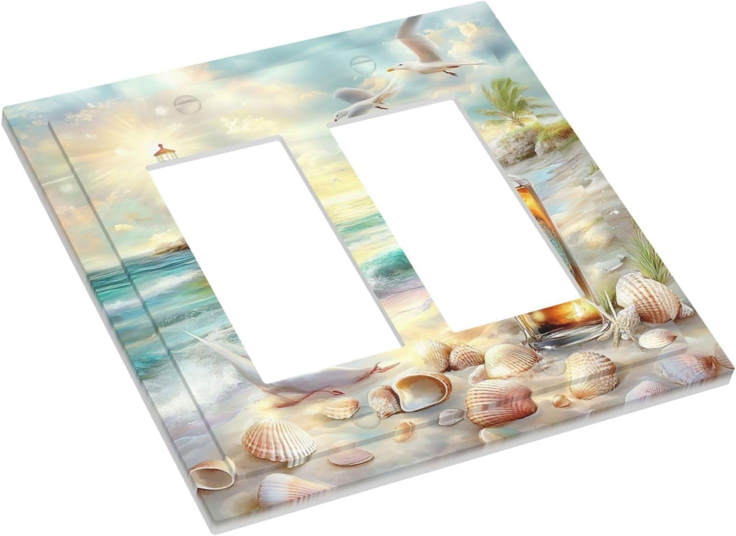 Decorative Outlet Covers Beach Ocean Lighthouse Seashells 2 Gang Double Gfci Rocker Electrical Wall Panels Light Switch Cover Plate For Bed Room Living Room Decor