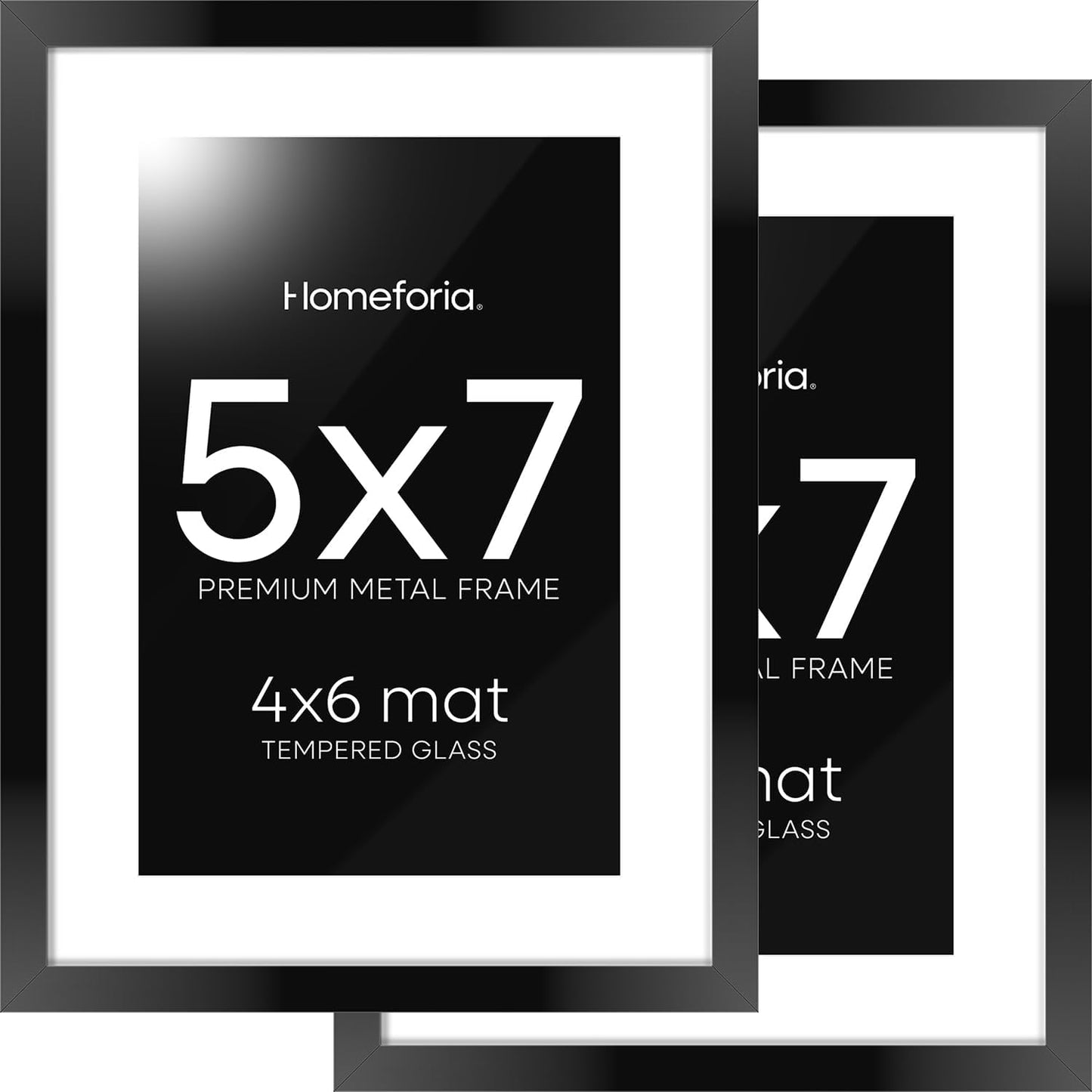 Homeforia 5x7 Picture Frame Black, High End Metal 5 x 7 Black Frames with Mat 4 x 6 for Art, 5x7 Desk Frame Matted to 4x6 inch Photo, 5 by 7 Wall or Tabletop Frames, Tempered Glass, Wall Kit, Set of 2
