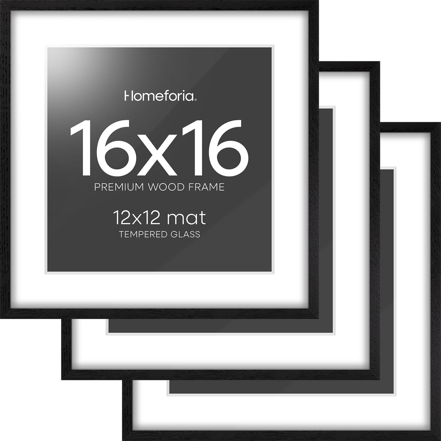 Homeforia 16x16 Black Wood Frame, High End Oak 16 x 16 Square Picture Frames with Mat 12 by 12 inches Photo, 16by16 Black Wooden Poster Frames Matted to 12x12 Print, Tempered Glass, Wall Kit, Set of 3
