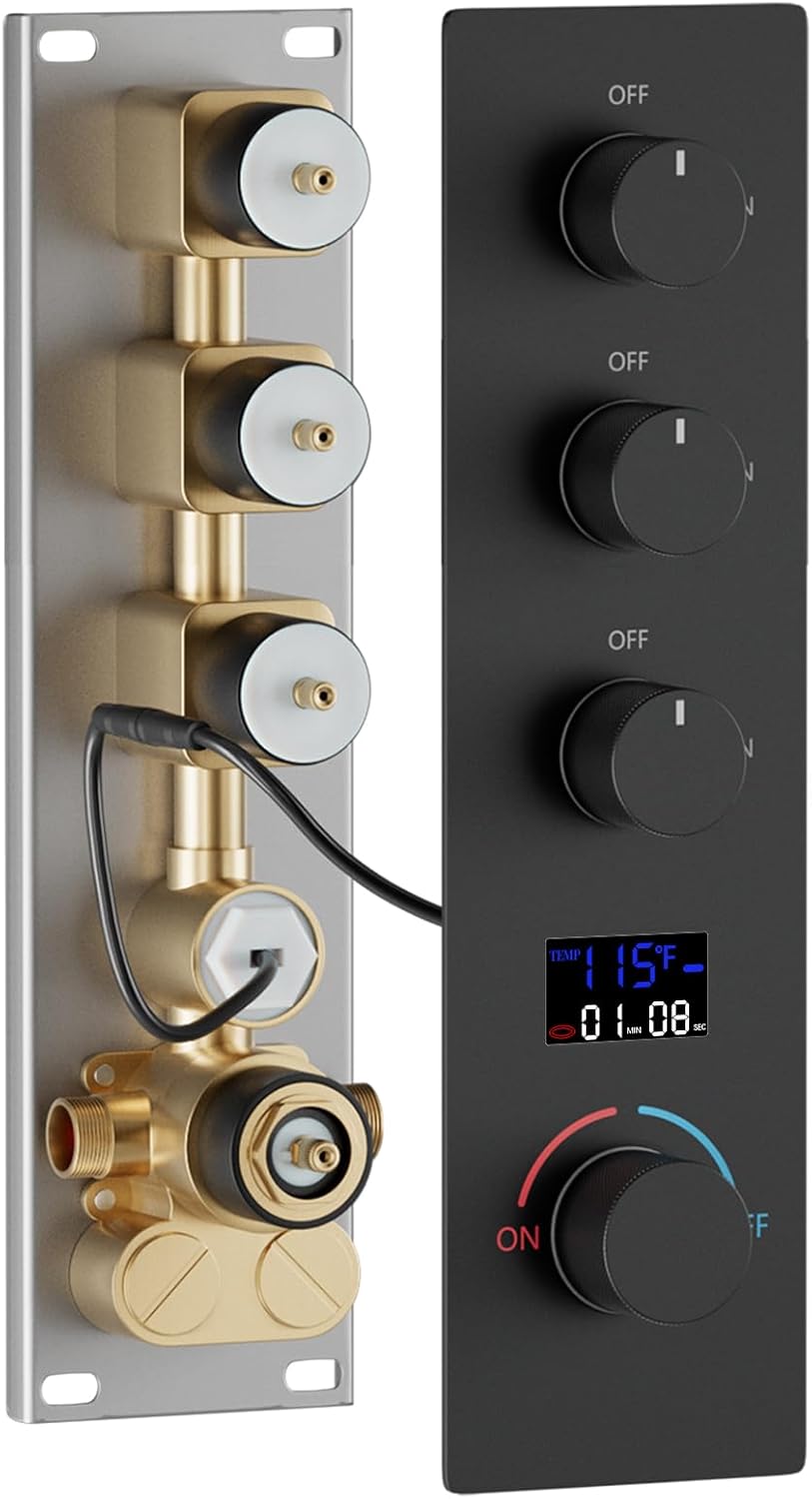 Brass Temperature Shower Diverter Valve Matte Black 3 Way Outlets Concealed Digital Display Shower Mixer Valve Kit Bathroom Shower Diverter On Off Flow Control Replacement Valve