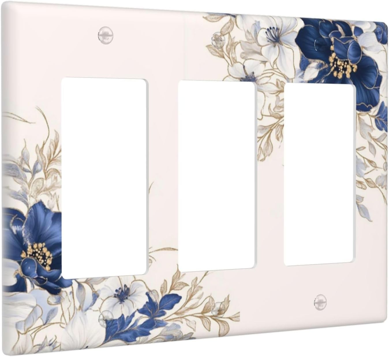 Decorative Outlet Covers Rustic Blue White Flowers Floral Penoy 3 Gang Wall Plate Triple Rocker Light Switch Cover Plate Jumbo Electrical GFCI Face Plate for Bedroom Home Decor