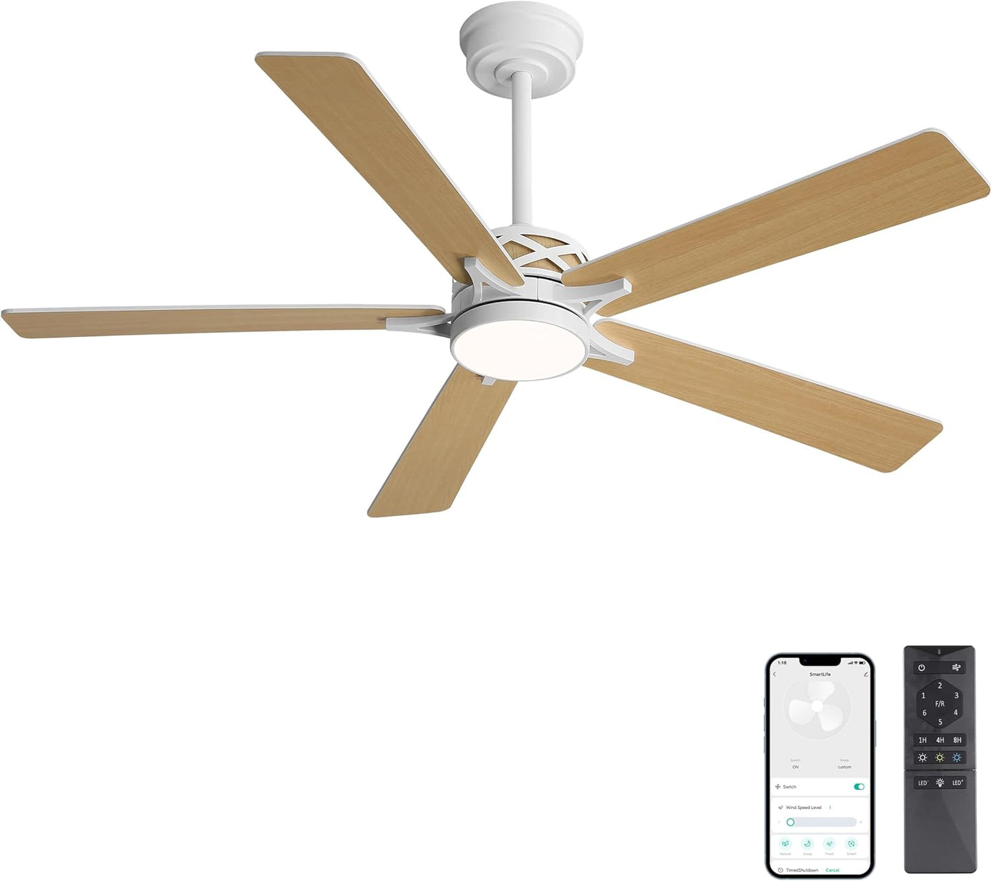WINGBO 60" Smart Ceiling Fan with Lights, White/Oak Blades, 6 Speeds Reversible DC Motor, Works with Alexa and Google Assistant, 3CCT Dimmable LED Ceiling Fan for Bedroom Living Room, White Finish