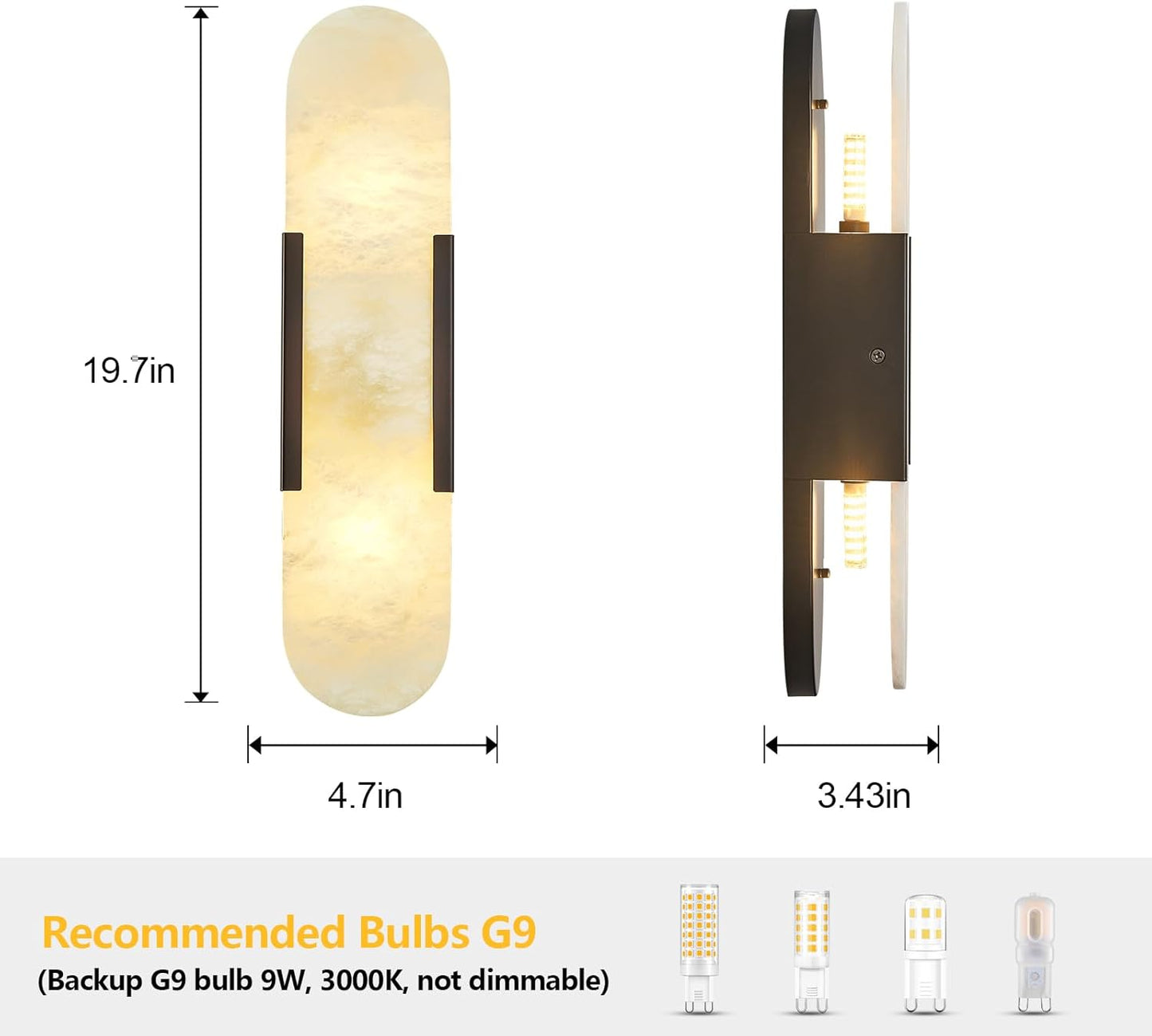 Alabaster Wall Sconce, Modern Natural Marble Wall Sconces for Indoor Lighting, 19.7 in Black Wall Lights for Bathroom Dining Room Stairs Bedroom (1-Pack)