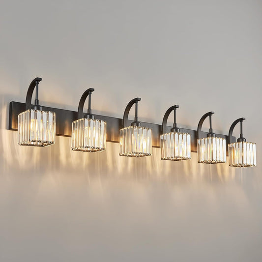Crystal Vanity Lights 6-Light Black Bathroom Vanity Lights Modern Crystal Bathroom Light Fixtures Over Mirror 51.18" Long Vanity Light for Bathroom