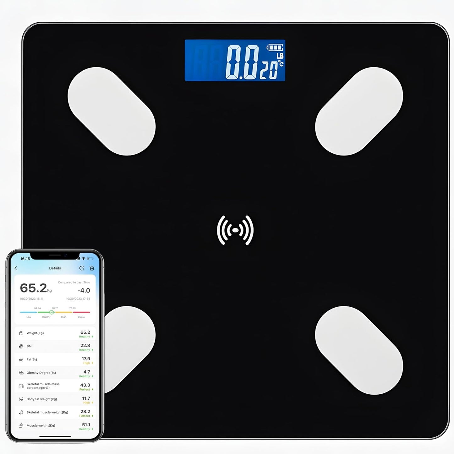Smart Scale for Body Weight – Body Fat, BMI & Muscle Mass Analyzer – Digital Bathroom Scale with Bluetooth App Sync –Black Tempered Glass, 400 lb Capacity