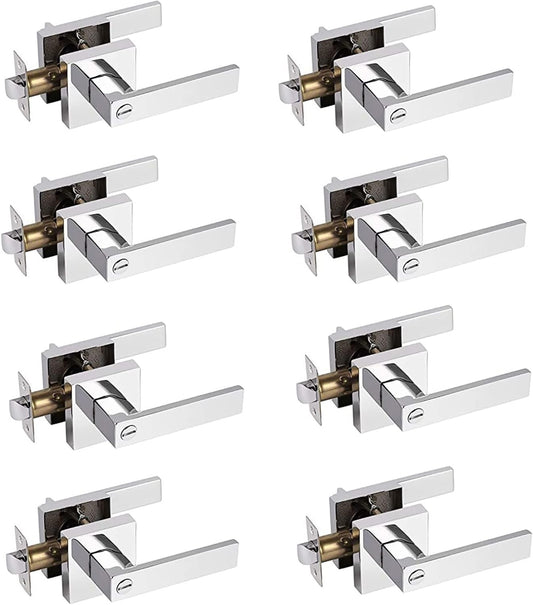 Probrico Heavy Duty Door Handles Polished Chrome, Interior Keyless Locks Bath/Bed Door Locksets, Square Privacy Door Levers Reversible for Left/Right Handed Doors, 8 Pack
