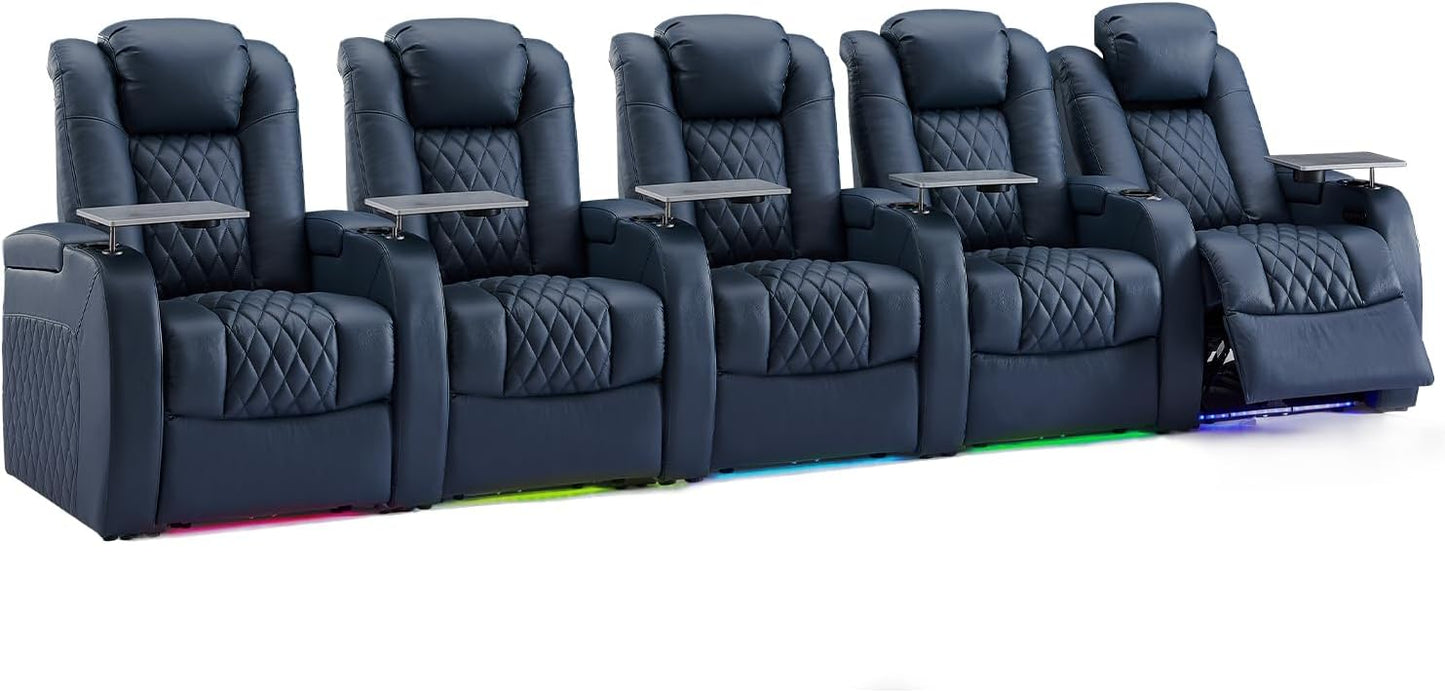 Weilianda Home Theater Seating Top Grain Leather Zero Gravity Recliner Chair Power Headrest Recline Movie Seat Gaming 7 Colors Mood Light Sofa with Tray Table USB Charge Row of 5 Blue