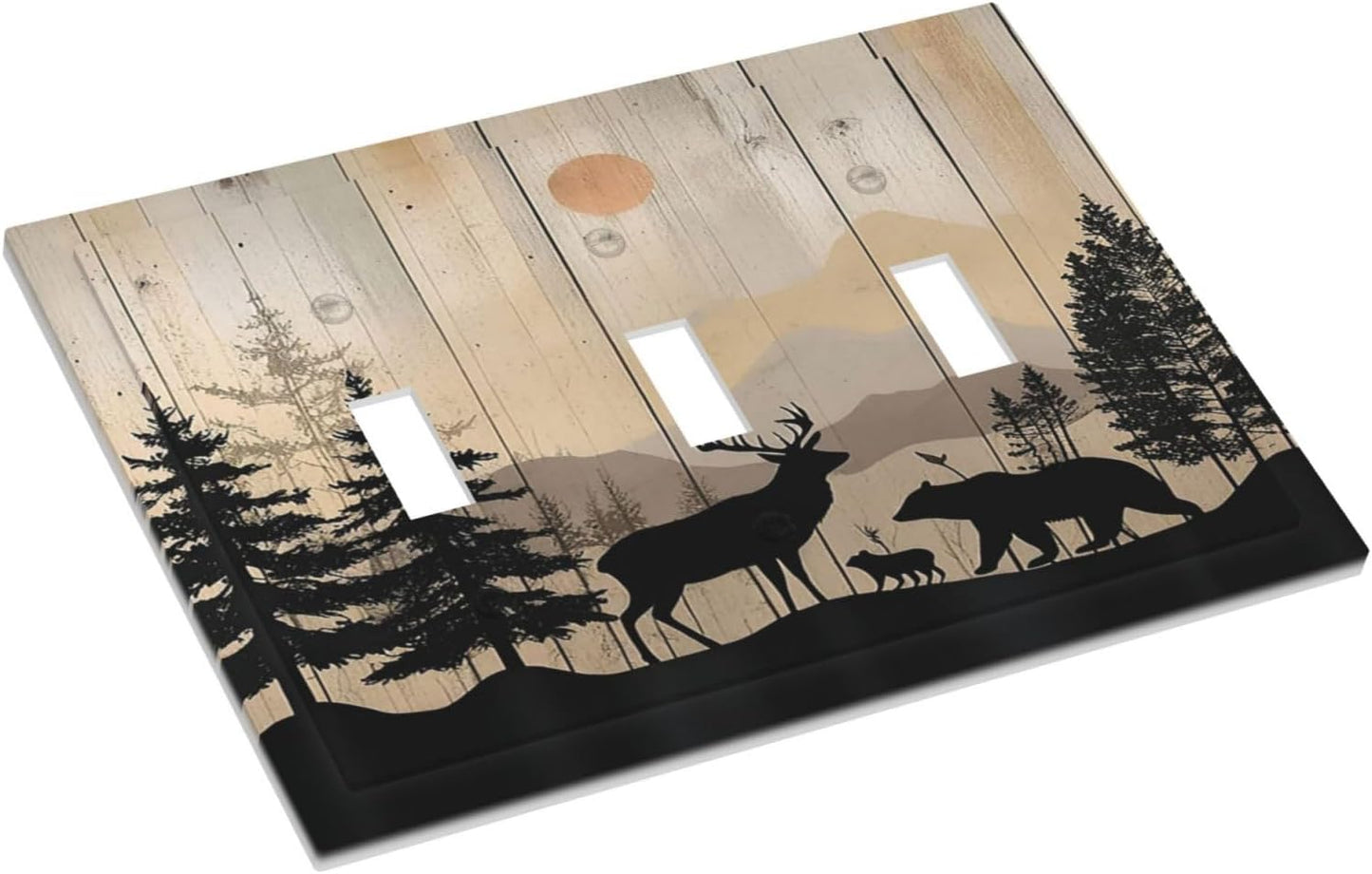 Decorative Switch Plates Wood Board Wildlife Cute Bear Deer Forest Rustic 3 Gang Wall Plate Triple Toggle Light Switch Cover Faceplate Electrical Wall Panels for Bathroom Farmhouse Decor