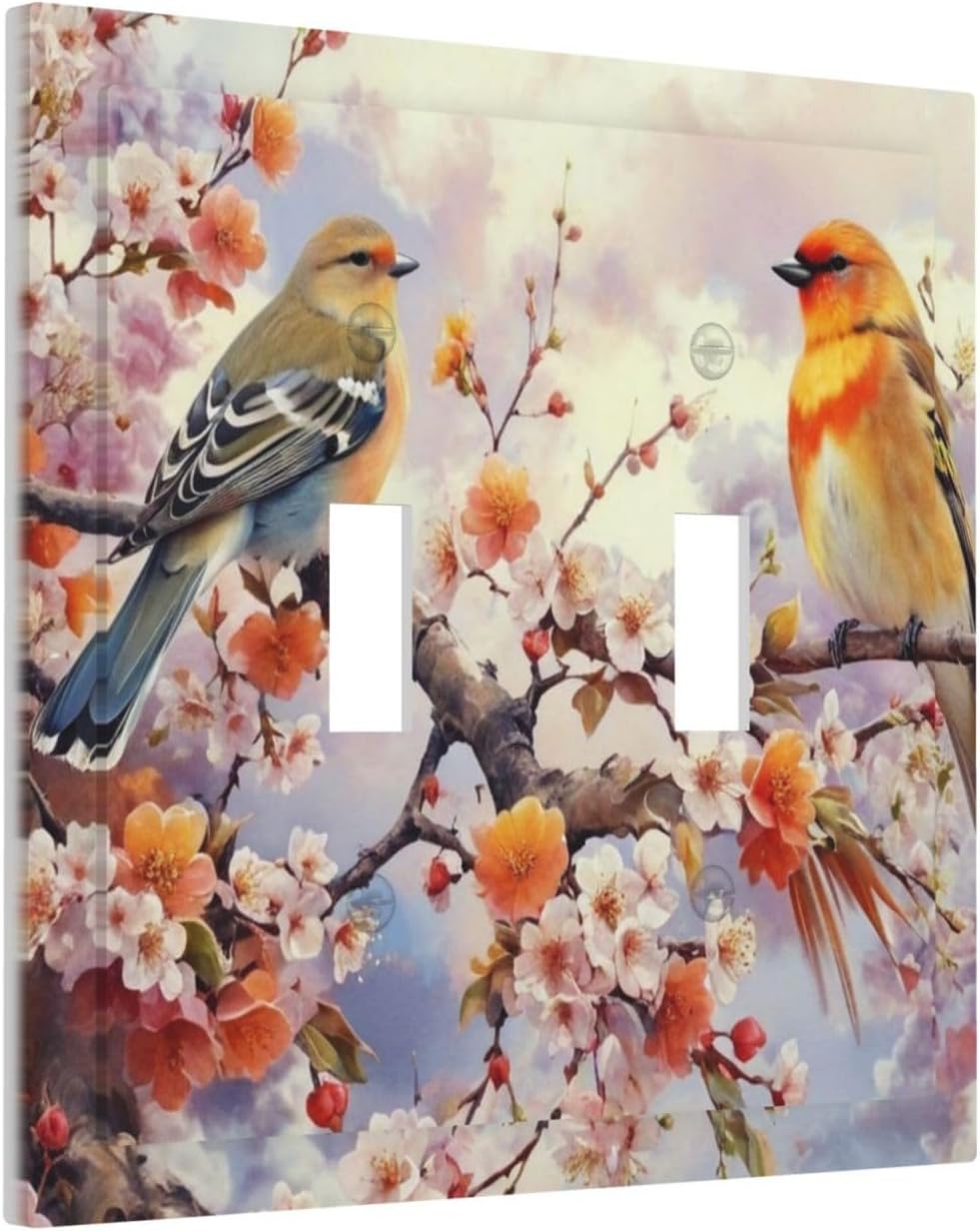 Birds Sitting on Flowers Tree Branch Light Switch Covers Double Toggle 2 Gang Wall Plate Dual Decorative Switch plate Electrical Faceplate for Farmhouse Living Room Decor