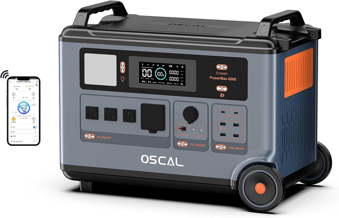 3600Wh/6000W Solar Power Station,OSCAL PowerMax 6000 Solar Generator, 120V/240V Split Phase Voltage AC Outlets (9000W Peak), 2400W Solar Charging,Emergency for Home,Battery Backup