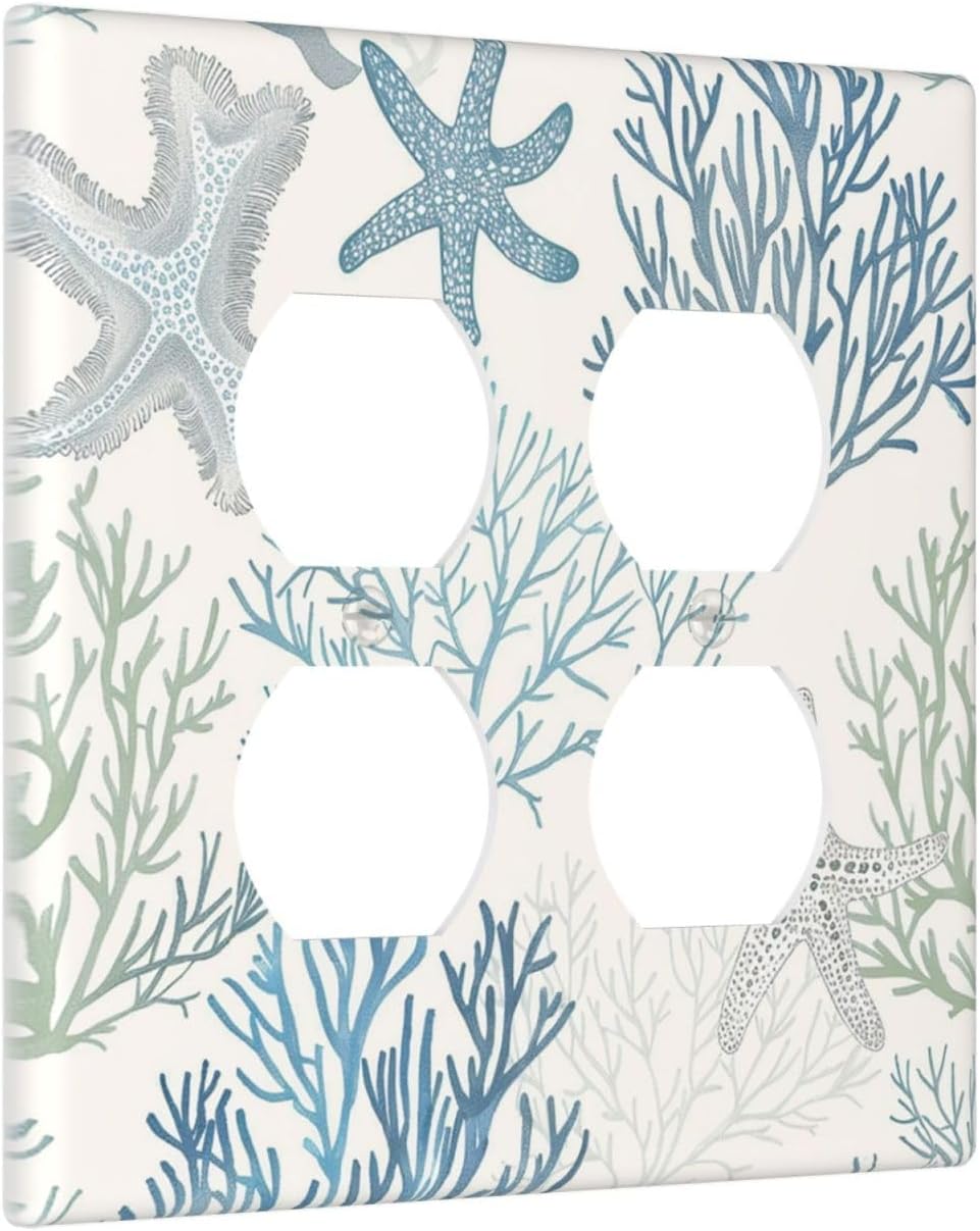Outlet Covers Ocean Beach Theme Starfish Seashell Coral 2 Gang Double Duplex Decorative Light Switch Covers Electrical Wallplates Socket Faceplate For Bathroom Kids Room Decor