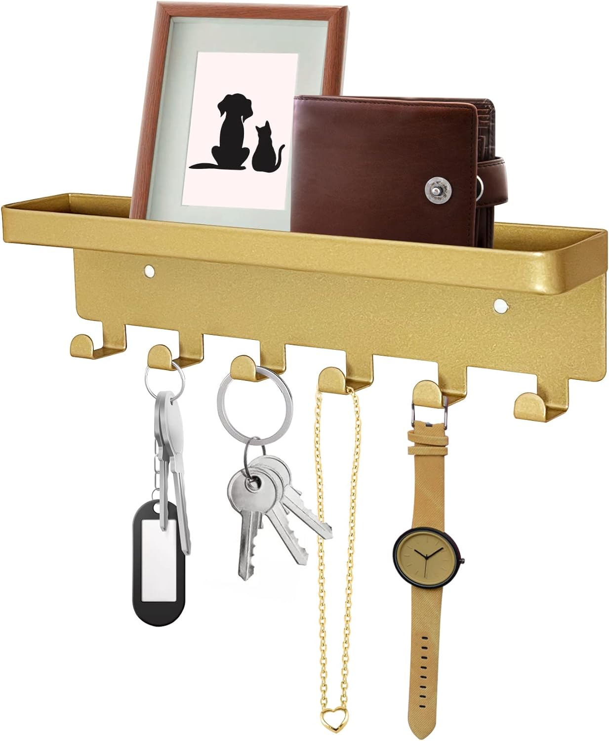 GTK Key Holder for Wall, Key Hooks with Tray and 6 Hooks, Wall Mounted Key Holder for Hallway, Key Rack with Shelf for Mail Storage (Gold)