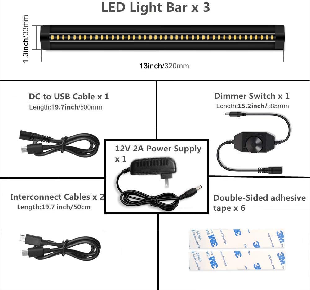 inShareplus 3 Pack 13 inch LED Under Cabinet Lighting, Dimmable, Natural White 4500K, CRI90+, 450Lumens, DC 12V Ultra Thin Under Counter Kitchen Lighting for Kitchen, Shelf, Cupboard, Black