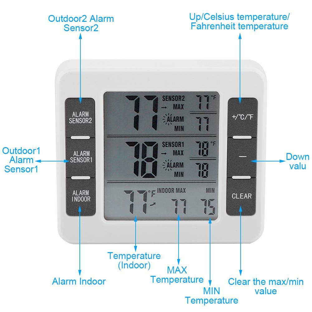 Fridge Thermometer, Digital Refrigerator Freezer Thermometer Monitor with 2 Sensors with Audible Alarm, for Indoor and Outdoor Use, Easy to Read LCD Display