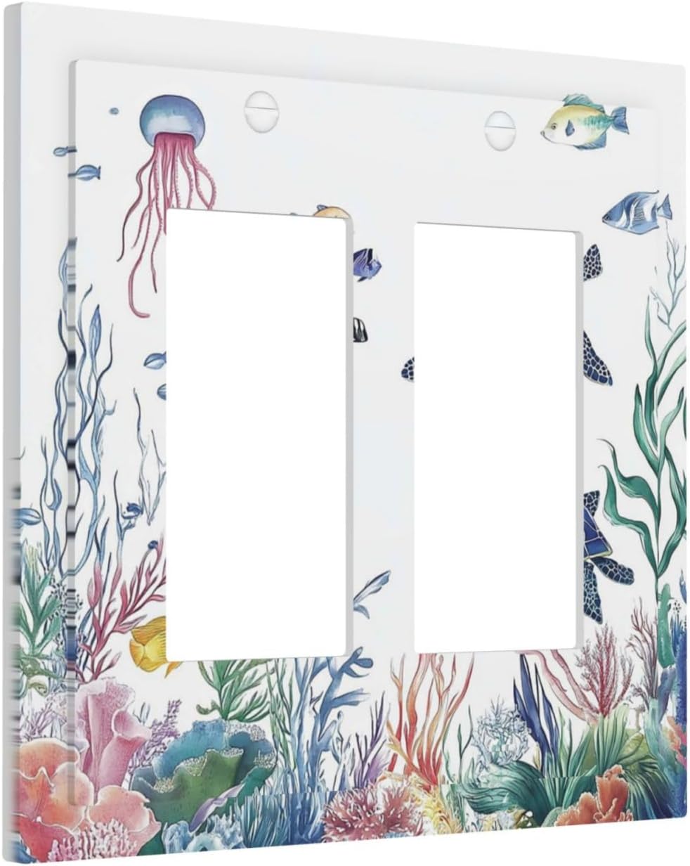 Blue Sea Turtle Ocean Fish Octopus Coral Decorative Outlet Covers 2 Gang Double Gfci Rocker Electrical Wall Panels Light Switch Cover Plate For Bathroom Kids Room Decor